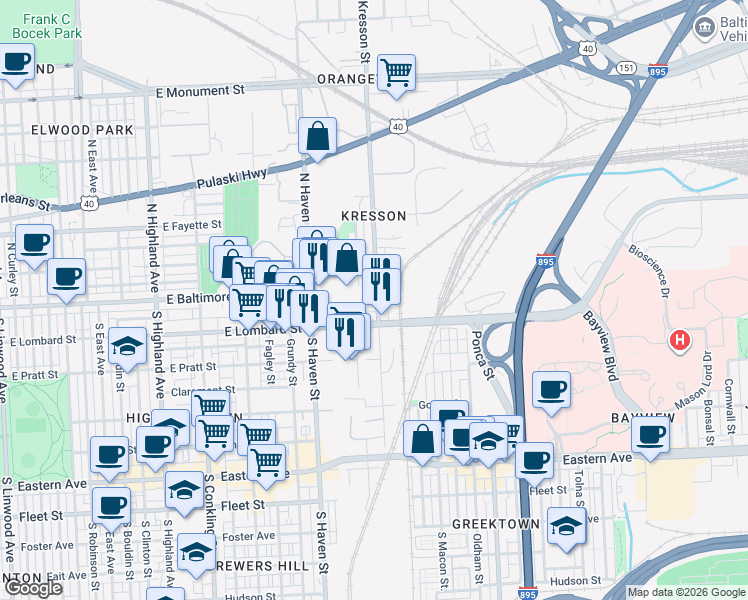 map of restaurants, bars, coffee shops, grocery stores, and more near 12 South Kresson Street in Baltimore