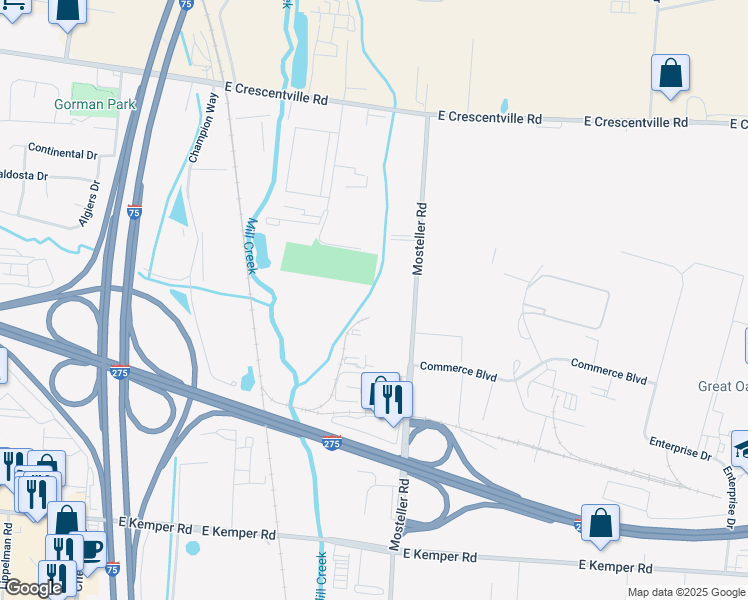 map of restaurants, bars, coffee shops, grocery stores, and more near 11861 Mosteller Road in Cincinnati