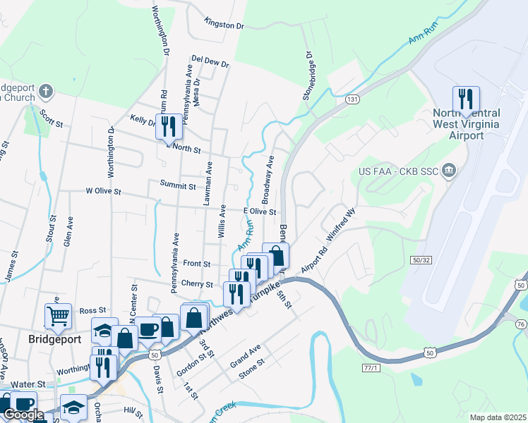 map of restaurants, bars, coffee shops, grocery stores, and more near 433 E Olive St in Bridgeport