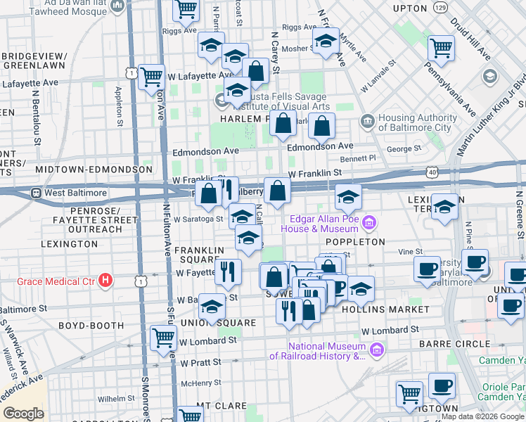 map of restaurants, bars, coffee shops, grocery stores, and more near 309 North Calhoun Street in Baltimore
