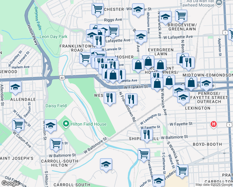 map of restaurants, bars, coffee shops, grocery stores, and more near 2803 West Mulberry Street in Baltimore