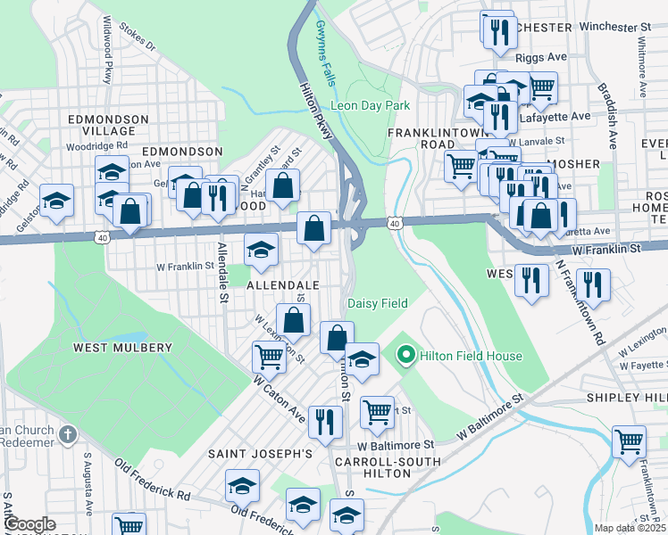 map of restaurants, bars, coffee shops, grocery stores, and more near 424 North Hilton Street in Baltimore