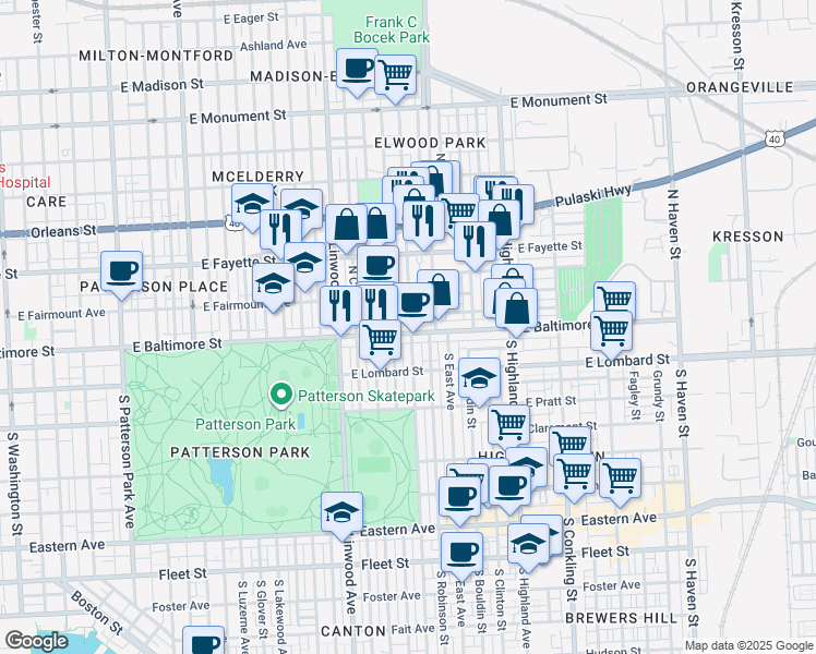 map of restaurants, bars, coffee shops, grocery stores, and more near 3038 East Baltimore Street in Baltimore