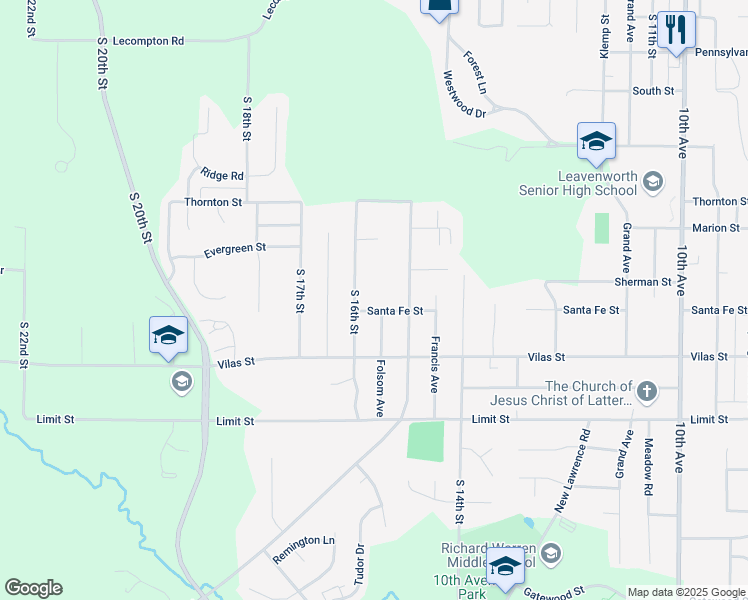 map of restaurants, bars, coffee shops, grocery stores, and more near 1512 Santa Fe Street in Leavenworth
