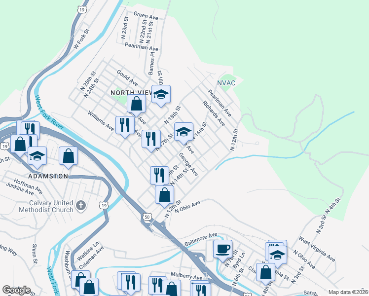 map of restaurants, bars, coffee shops, grocery stores, and more near 1405 North 16th Street in Clarksburg