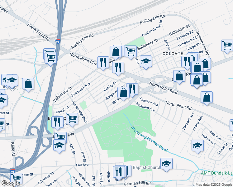 map of restaurants, bars, coffee shops, grocery stores, and more near 7273 Bridgewood Drive in Baltimore