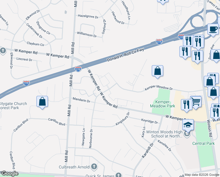 map of restaurants, bars, coffee shops, grocery stores, and more near 11755 Norbourne Drive in Cincinnati
