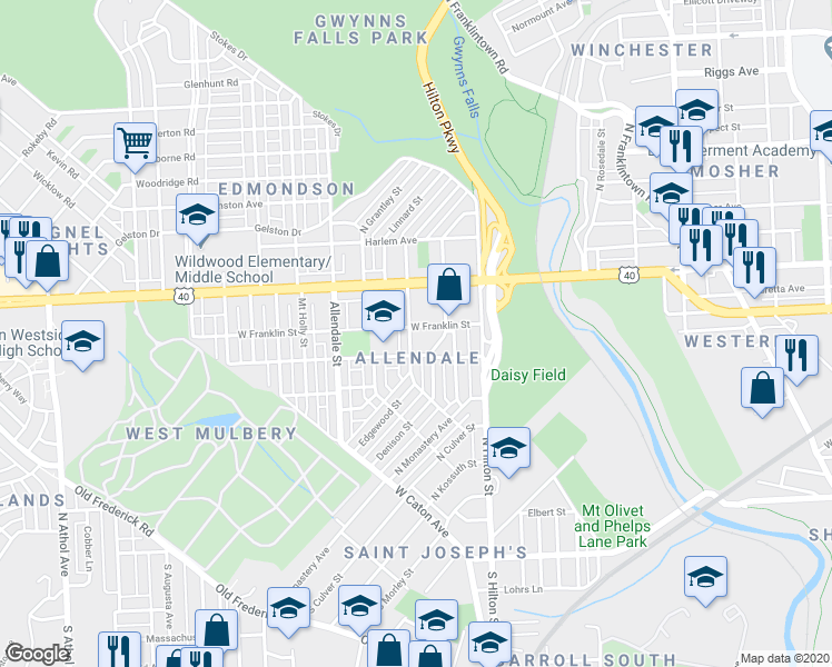 map of restaurants, bars, coffee shops, grocery stores, and more near 421 Edgewood Street in Baltimore