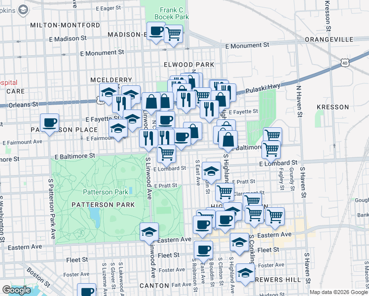 map of restaurants, bars, coffee shops, grocery stores, and more near 3108 East Baltimore Street in Baltimore