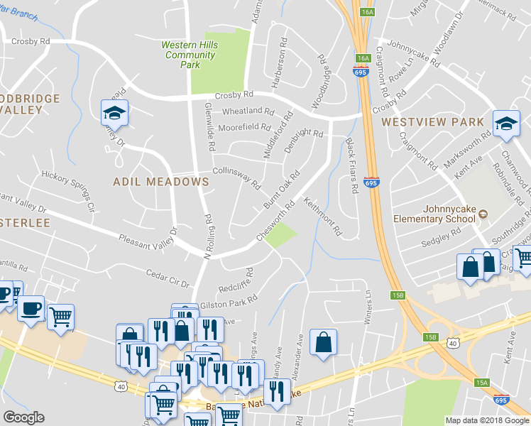 map of restaurants, bars, coffee shops, grocery stores, and more near 6107 Burnt Oak Road in Catonsville