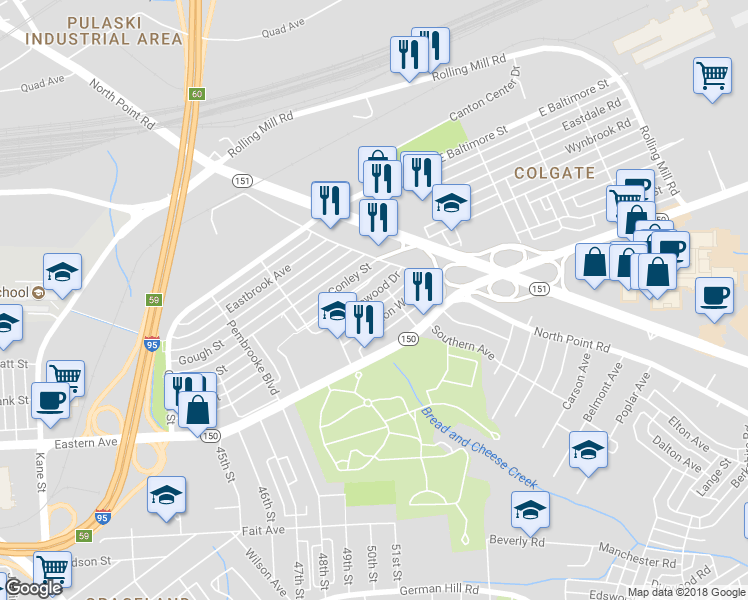 map of restaurants, bars, coffee shops, grocery stores, and more near 7273 Bridgewood Drive in Baltimore