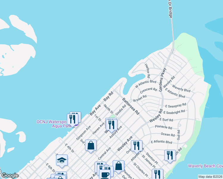 map of restaurants, bars, coffee shops, grocery stores, and more near 100 Bay Avenue in Somers Point