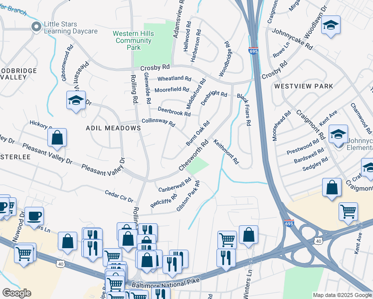 map of restaurants, bars, coffee shops, grocery stores, and more near 6105 Burnt Oak Road in Catonsville