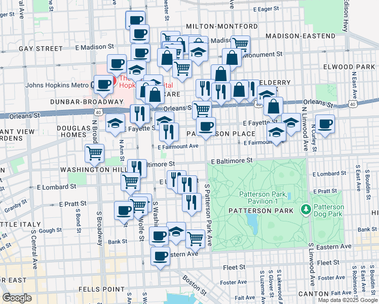 map of restaurants, bars, coffee shops, grocery stores, and more near 18 North Collington Avenue in Baltimore