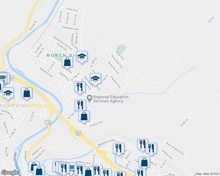 map of restaurants, bars, coffee shops, grocery stores, and more near 1418 North 14th Street in Clarksburg