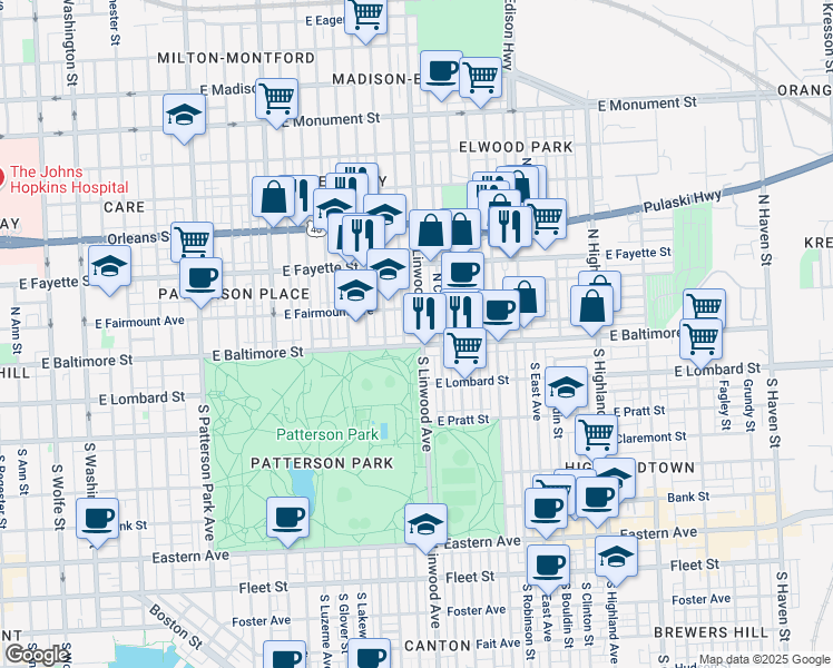map of restaurants, bars, coffee shops, grocery stores, and more near 2 North Linwood Avenue in Baltimore
