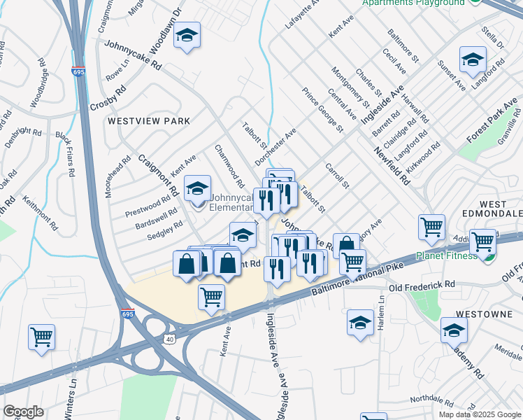 map of restaurants, bars, coffee shops, grocery stores, and more near 1055 Ingleside Avenue in Catonsville