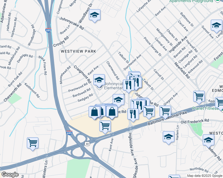 map of restaurants, bars, coffee shops, grocery stores, and more near 1019 Vanderwood Road in Catonsville