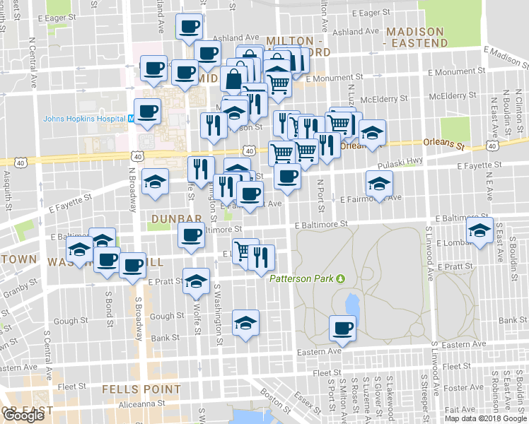 map of restaurants, bars, coffee shops, grocery stores, and more near 18 North Collington Avenue in Baltimore