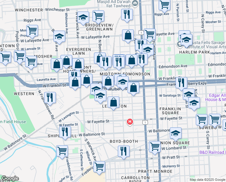 map of restaurants, bars, coffee shops, grocery stores, and more near 2133 West Mulberry Street in Baltimore