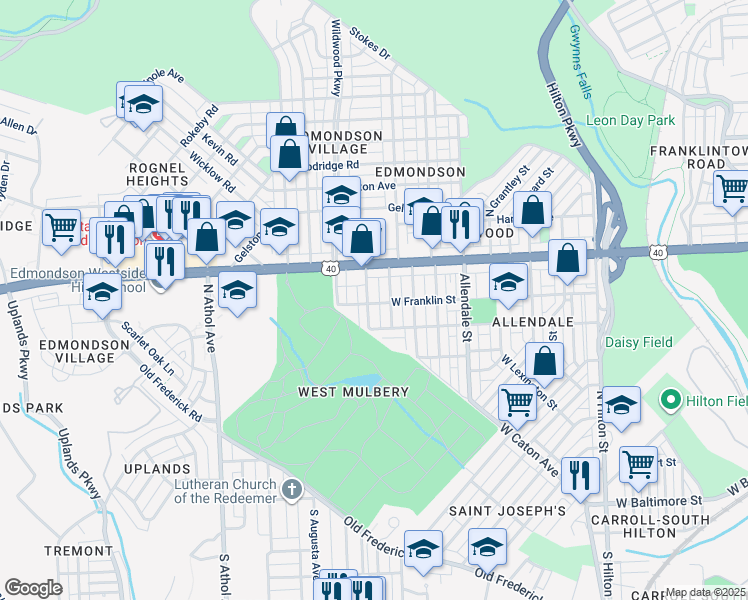 map of restaurants, bars, coffee shops, grocery stores, and more near 501 North Loudon Avenue in Baltimore