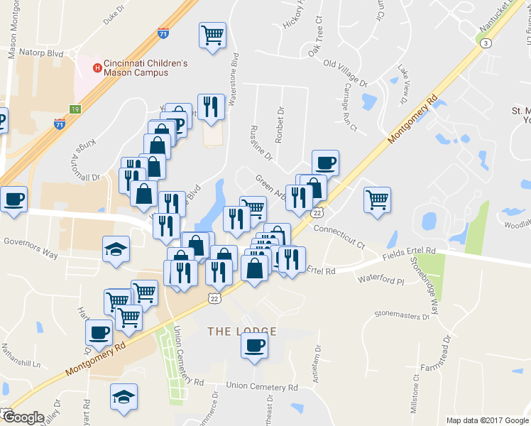map of restaurants, bars, coffee shops, grocery stores, and more near 9935 Arbor Montgomery Lane in Cincinnati