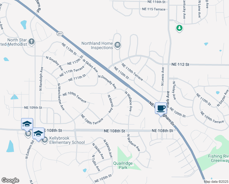 map of restaurants, bars, coffee shops, grocery stores, and more near 8312 Northeast 109th Court in Kansas City