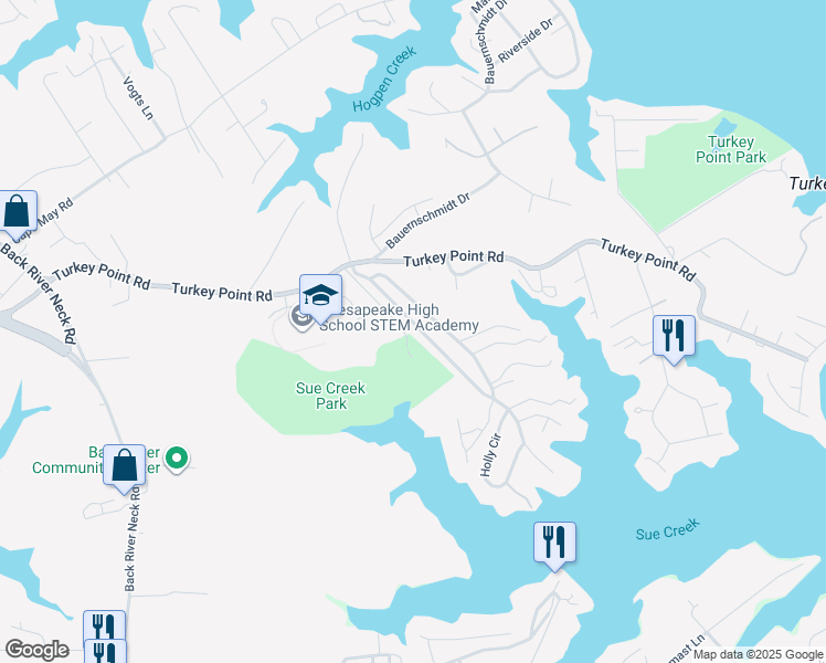 map of restaurants, bars, coffee shops, grocery stores, and more near 1931 Sue Creek Drive in Essex