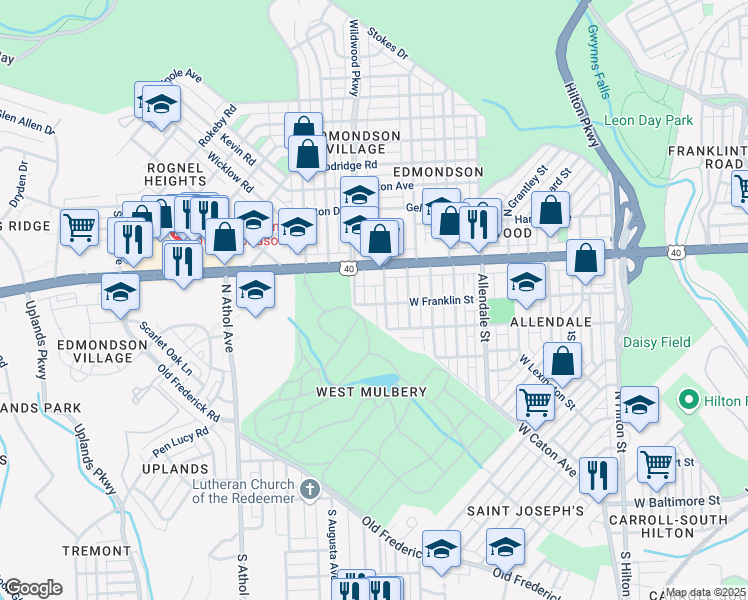 map of restaurants, bars, coffee shops, grocery stores, and more near 4000 West Franklin Street in Baltimore