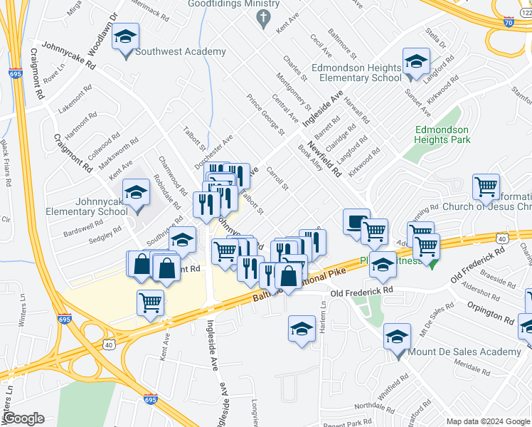 map of restaurants, bars, coffee shops, grocery stores, and more near 1118 Baker Avenue in Baltimore