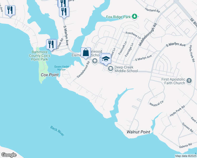 map of restaurants, bars, coffee shops, grocery stores, and more near 1000 South Marlyn Avenue in Essex