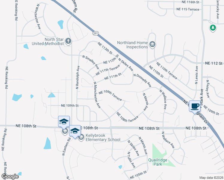 map of restaurants, bars, coffee shops, grocery stores, and more near 7826 Northeast 109th Terrace in Kansas City