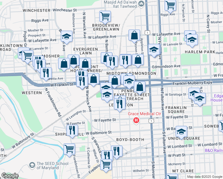 map of restaurants, bars, coffee shops, grocery stores, and more near 304 North Smallwood Street in Baltimore
