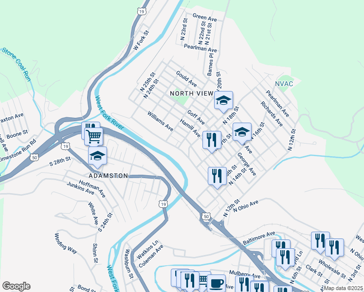 map of restaurants, bars, coffee shops, grocery stores, and more near 2001-2099 W Virginia Ave in Clarksburg