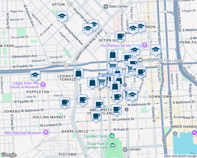map of restaurants, bars, coffee shops, grocery stores, and more near in Baltimore