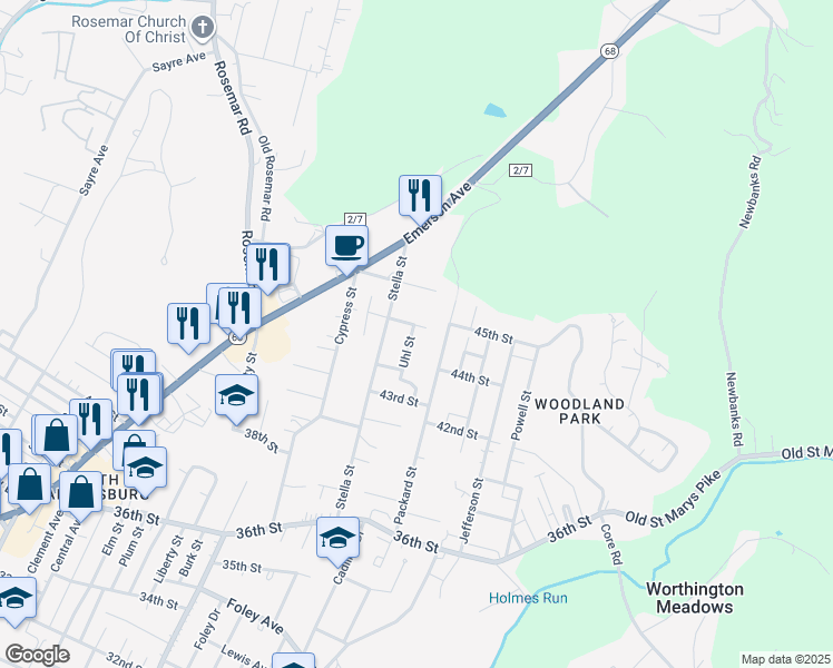 map of restaurants, bars, coffee shops, grocery stores, and more near 4403 Uhl St in Parkersburg