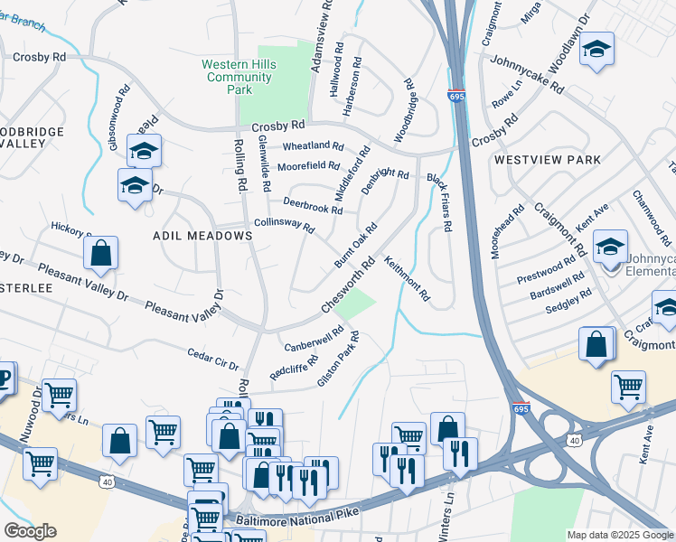 map of restaurants, bars, coffee shops, grocery stores, and more near 6105 Burnt Oak Road in Catonsville