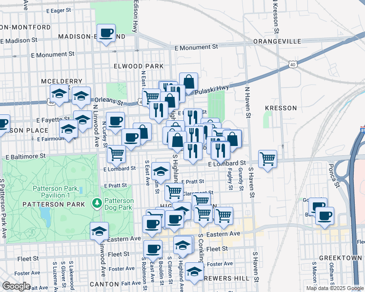 map of restaurants, bars, coffee shops, grocery stores, and more near 3420 East Baltimore Street in Baltimore