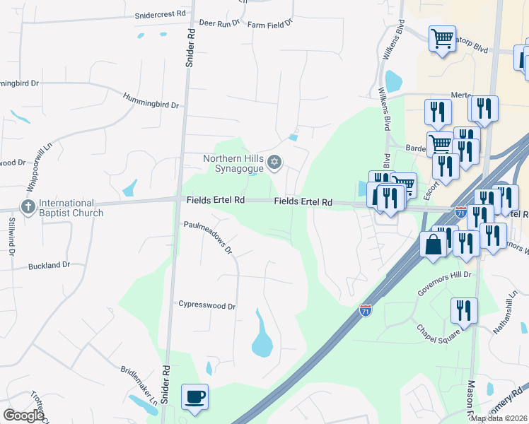 map of restaurants, bars, coffee shops, grocery stores, and more near 8483 Fields Ertel Road in Cincinnati