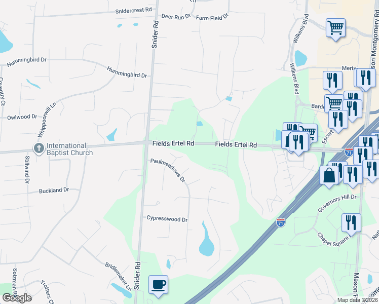 map of restaurants, bars, coffee shops, grocery stores, and more near 12102 Paulmeadows Drive in Cincinnati