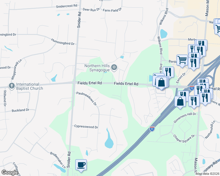 map of restaurants, bars, coffee shops, grocery stores, and more near 8483 Fields Ertel Road in Cincinnati