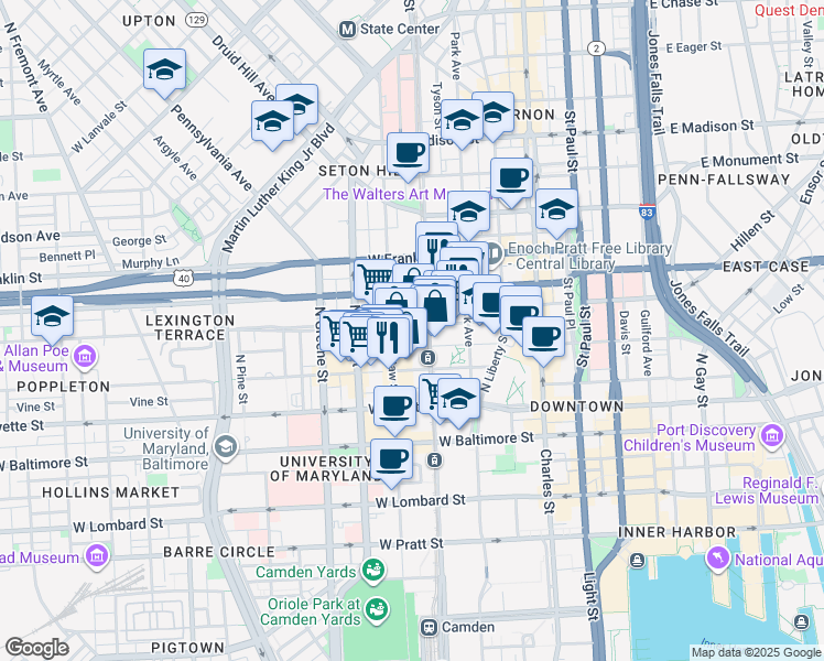 map of restaurants, bars, coffee shops, grocery stores, and more near 311 West Saratoga Street in Baltimore