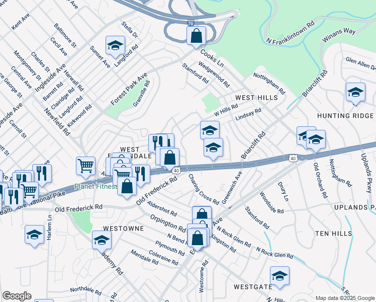 map of restaurants, bars, coffee shops, grocery stores, and more near 711 West Hills Road in Baltimore