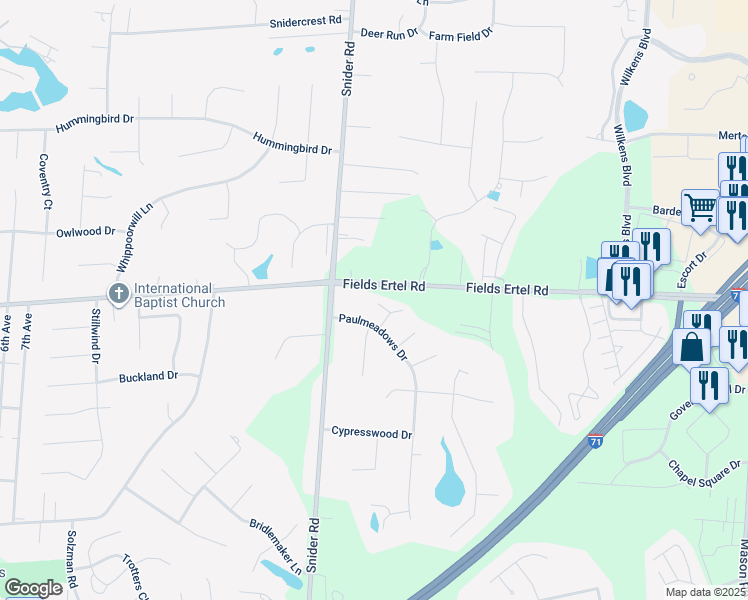 map of restaurants, bars, coffee shops, grocery stores, and more near 12132 Paulmeadows Drive in Cincinnati