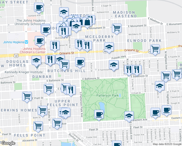 map of restaurants, bars, coffee shops, grocery stores, and more near 24 North Port Street in Baltimore
