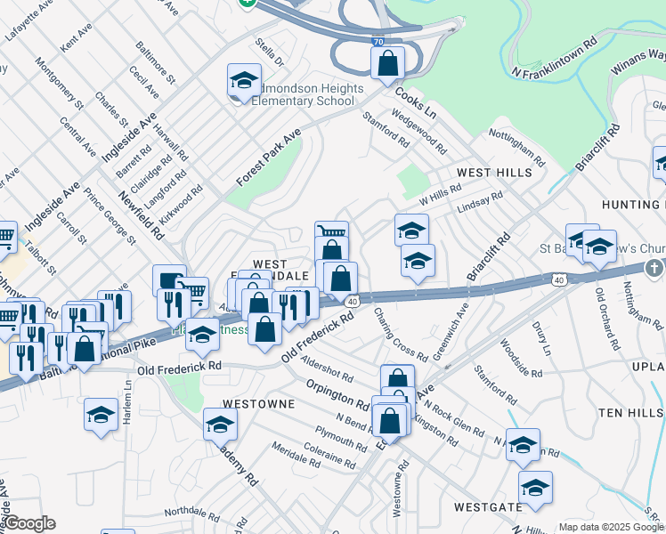 map of restaurants, bars, coffee shops, grocery stores, and more near 5208 Baltimore National Pike in Baltimore