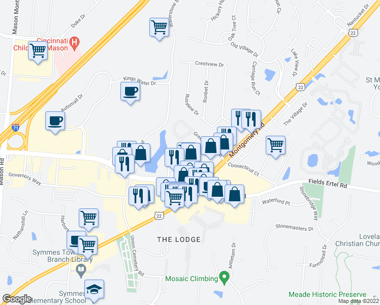 map of restaurants, bars, coffee shops, grocery stores, and more near 9935 Arbor Montgomery Lane in Cincinnati
