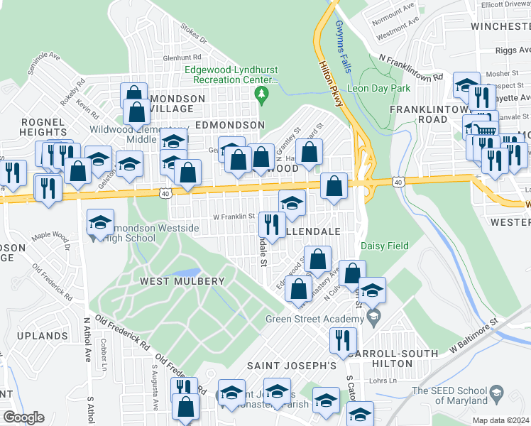 map of restaurants, bars, coffee shops, grocery stores, and more near 501 Allendale Street in Baltimore