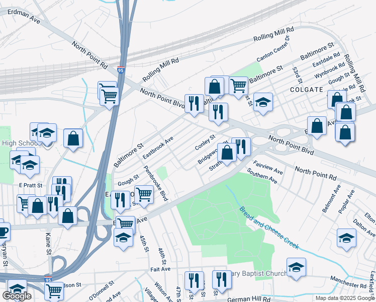 map of restaurants, bars, coffee shops, grocery stores, and more near 7230 Conley Street in Baltimore