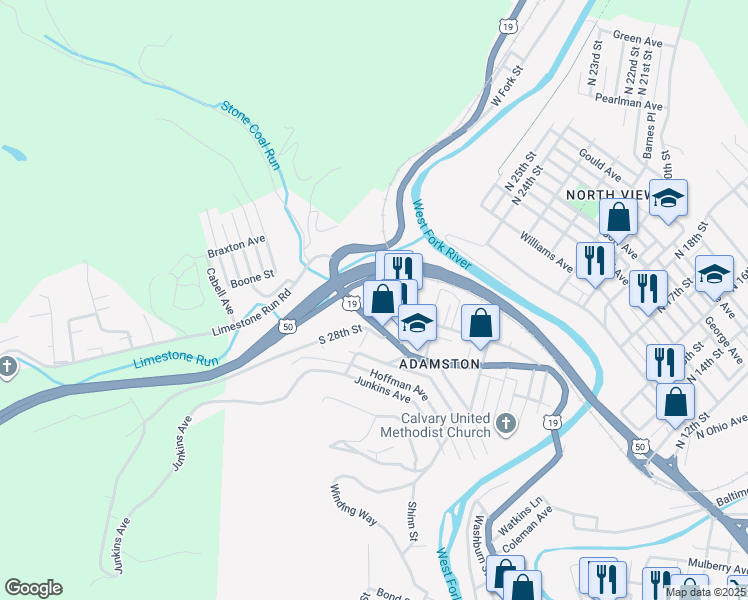 map of restaurants, bars, coffee shops, grocery stores, and more near 1740 Adams Avenue in Clarksburg